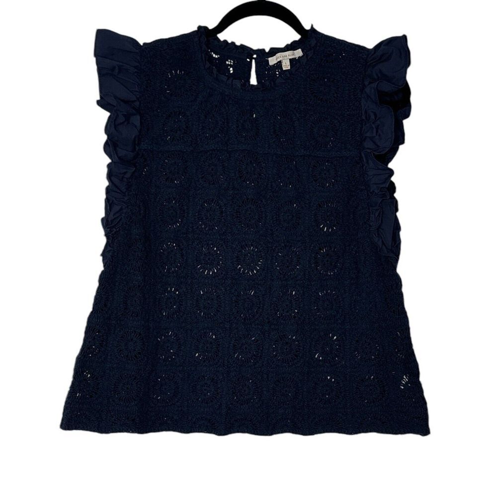 Skies Are Blue Blouse Women‎ Large Navy Blue Top Scoop Neck Cottagecore Heritage